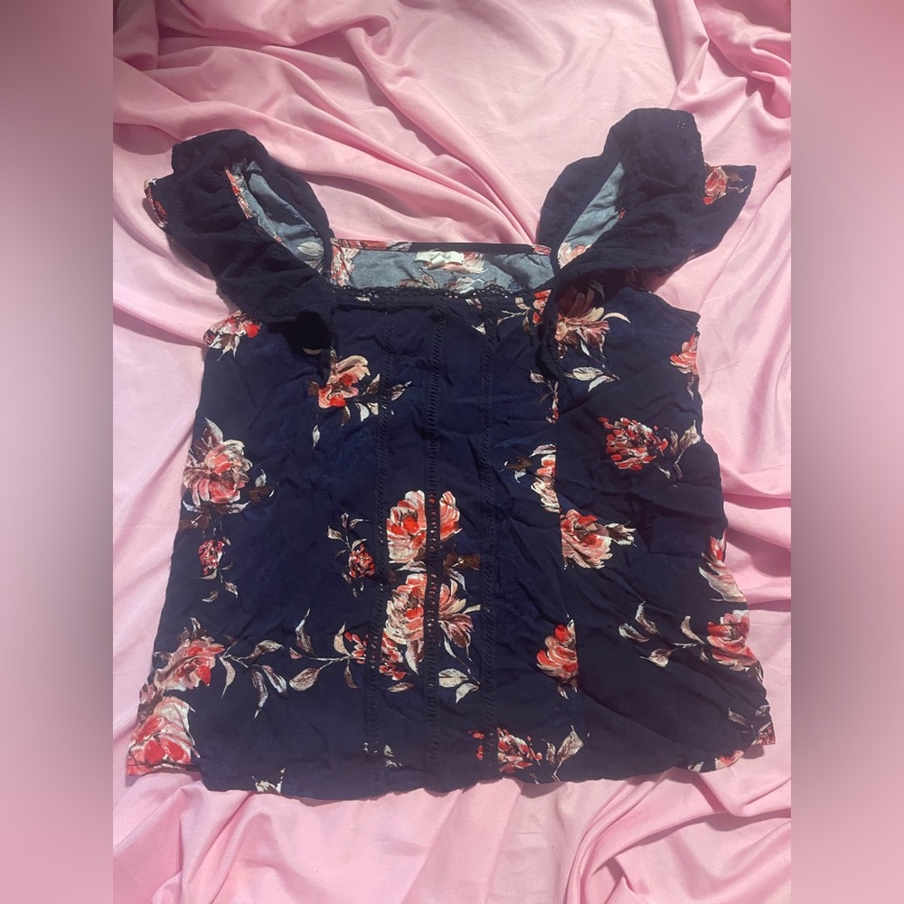 Maurices Navy Floral Ruffle Sleeve Crop Top